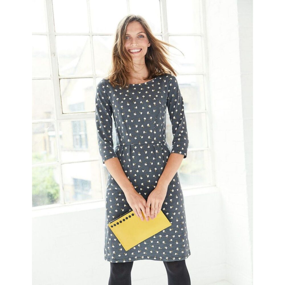 Boden Charcoal Midi Dress with Yellow Floral Print
